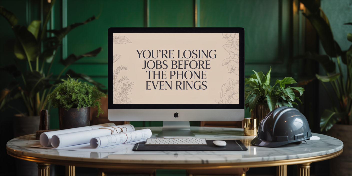 Modern luxury office workspace with iMac displaying "You're Losing Jobs Before the Phone Even Rings" surrounded by architectural blueprints, a matte black hard hat, gold desk accents, and lush green plants with moody emerald green lighting
